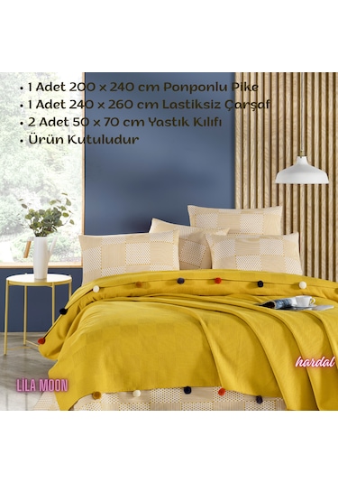 Madam Marica Hardal Renkli Çift Kişilik Ponponlu Pike Takımı