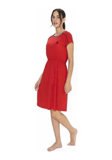 U.s. Polo Assn. 20008 Kadın Kırmızı Kısa Kollu Belden Büzgülü Gecelik Kırmızı