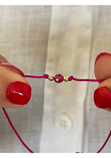 14 Ayar Altın Çift Dorika Detalı Doğal Yakut Taşlı Minimal Tasarım Altın Bileklik Altın