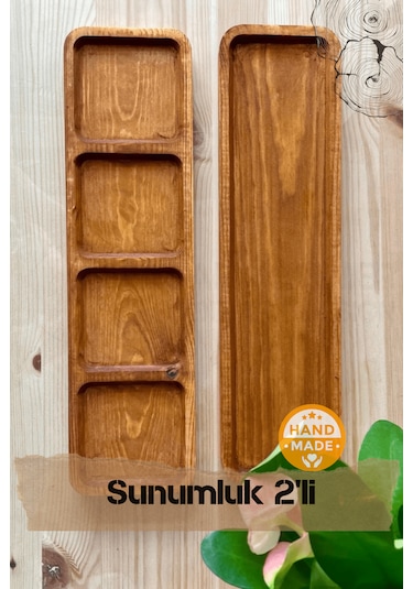 El Yapımı Çam Ağacı Ahşap Sunum Tepsisi 2'li Takım
