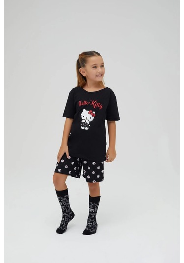 Hello Kitty Kız Çocuk Kollu Şortlu Pamuklu Pijama Takımı Renklı