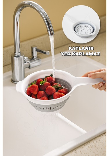 5'li Akordiyon Süzgeç Seti - Pirinç, Oval, Yuvarlak, Saplı, Kare Süzgeç - Katlanır Süzgeç Seti Beyaz - Gri