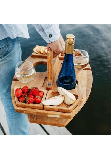 Taşınabilir Piknik Ahşap Şarap Kadehi Tutucu Ayrılabilir Şarap Masası Ahşap Rengi