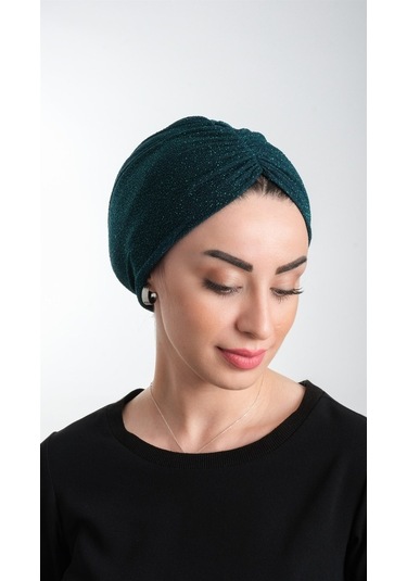 Zümrüt Pratik Hazır Geçmeli Tesettür Bone Fukuro Simli Büzgülü 21 Zümrüt