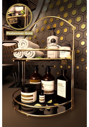 Bino Banyo Düzenleyici Organizer Takı Kozmetik Havlu Rafı Standı 2 Katlı 40cm Altın