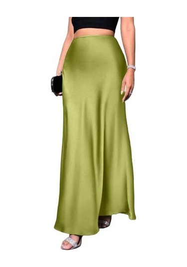 Kadın Balık Kuyruğu Etek Yüksek Bel Düz Renk Pürüzsüz Yüzey A Kesim Uzun Etek Yeşil