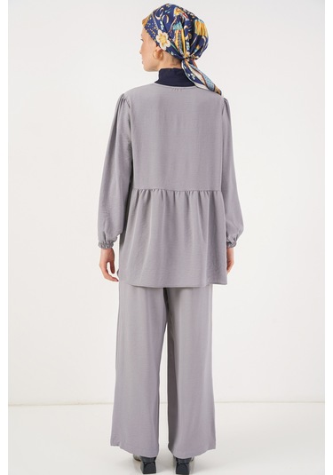 Kadın Önü Bağcıklı Tunik Pantolon İkili Takım 6744 - Gri Gri