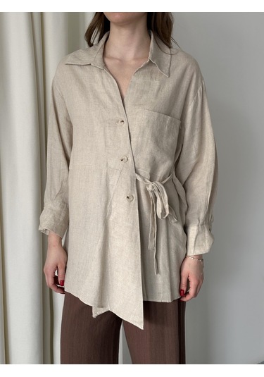 Natural %100 Pamuk Çapraz Düğmeli Beli Kemerli Gömlek Natürel