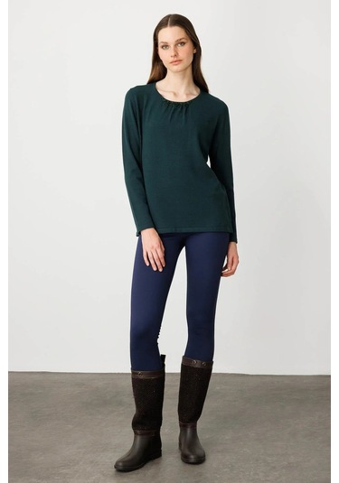 Desen Triko Kadın Sıfır Yaka Dantel Çiçek İşlemeli Ligralı Bluz 25093 Yeşil Yeşil