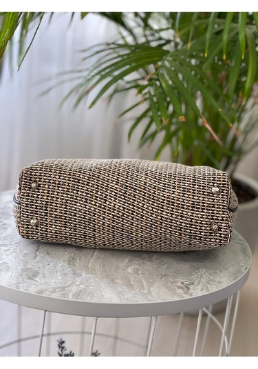 Muz Lifi Dokuma Siyah Deri Detaylı El Çantası Siyah