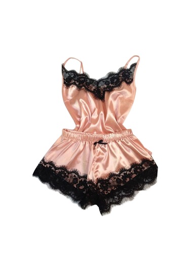 Sones Bölünmüş Dantel Askılı Ev Hizmeti Pijama Takımı Açık Pembe