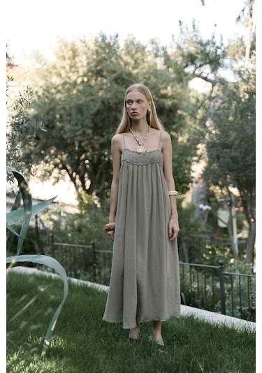 Mai Collection Mai Studios Co. Torrora Uzun Haki Keten Elbise Haki