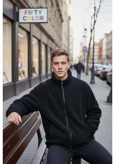 Siyah Premium Kalite Dik Yaka, Fermuarlı, Polarlı, Peluş Ceket Siyah