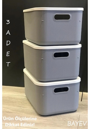 Bayev 3 Adet Storage 13 Lt Gri Dolap Içi Düzenleyici Kutu - Çorap Kıyafet Kapaklı Saklama Kabı Gri
