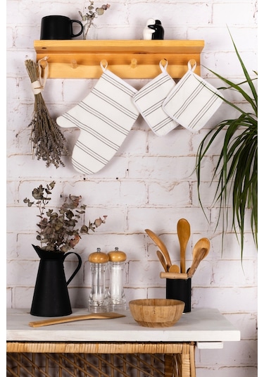 Morlay Önlük+Fırın Eldiveni+Tutacak 2 Adet+Poşetlik+Demlematik Mutfak Seti 6'lı Krem - Gri Çizgili