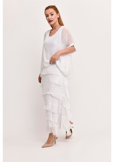 İtalyan 2 Beden İnce Gösteren Yarım Kol Kat Kat Ipek Elbise Beyaz