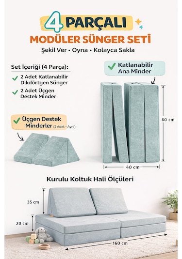 Yatella 4 Parça Katlanabilir Çocuk Koltuğu Yatak & Minder Çok Amaçlı Modüler Tasarım - Antrasit