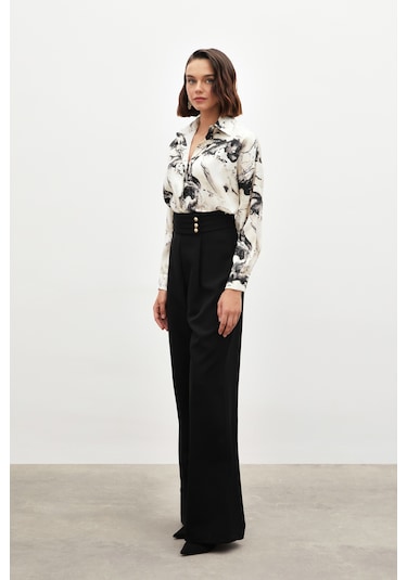 Sateen Bel Detaylı Pantolon - Siyah