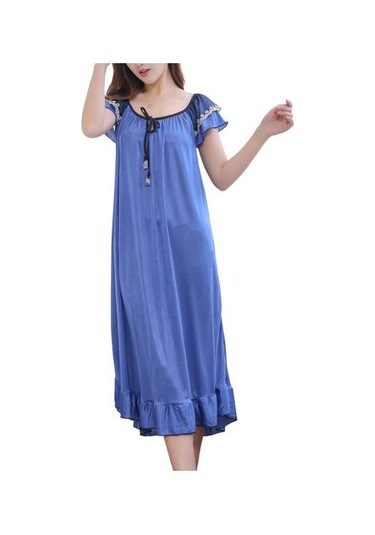 Koyu Mavi Yaz Gecelik Bağcıklı Uyku Rahat Güzel Sahte Saten Yaz Gevşek Gecelik Ev Giyim Xl Koyu Mavi