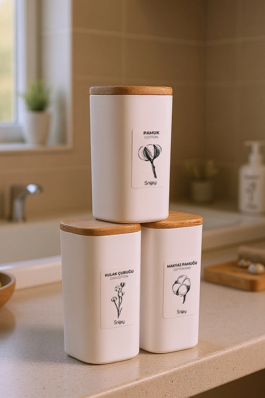 Luvo Beyaz - 3'lü Kare Ahşap Vakum Kapaklı Banyo Düzenleyici Plastik Banyo Seti Etiketli Organizer Beyaz