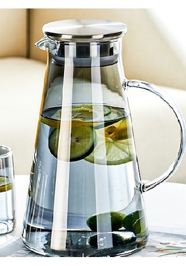 Borosilikat Cam Metal Kapaklı Lüks Sürahi 1900 Ml Füme