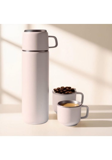 Paslanmaz Çelik 3 Bardaklı Matara Seti-500 Ml Krem