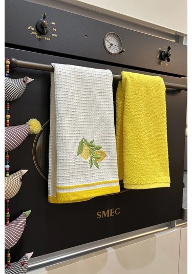 2 Li Mutfak Havlusu Sarı Renk & Limon Figürlü Kurulama Bezi - Yumuşak & Nakışlı Havlu Takımı Sarı