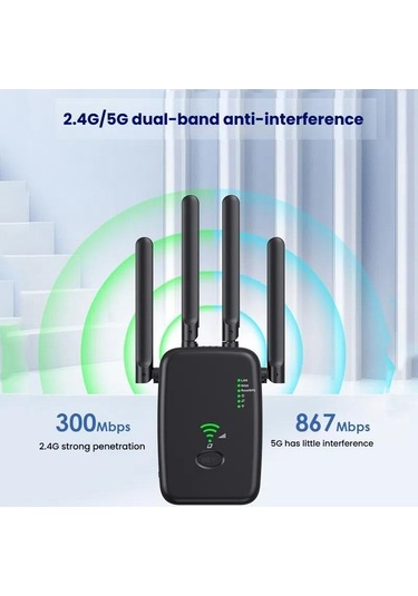 Sones Urant U11 1200mbps 2.4g Ve 5.8g Kablosuz Tekrarlayıcı Wifi Sinyal Amplifikatörü Wps Hızlı Ayar Desteği Ab Fişi Siyah
