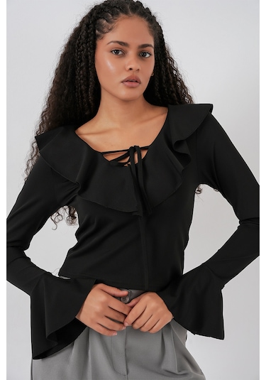 Kadın Uzun Kol Crop Bluz 979 - Siyah Siyah