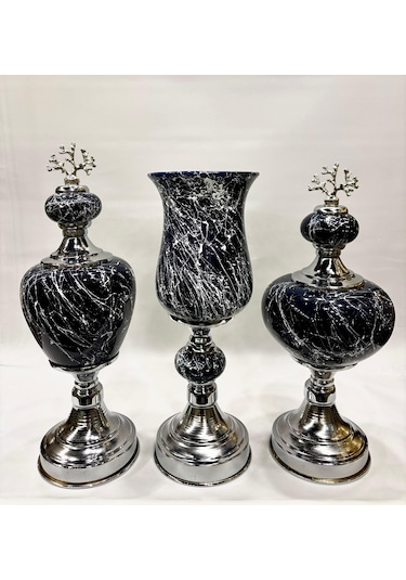 3'lü Dekoratif Prestij Dekoratif Vazo Set - Siyah Siyah