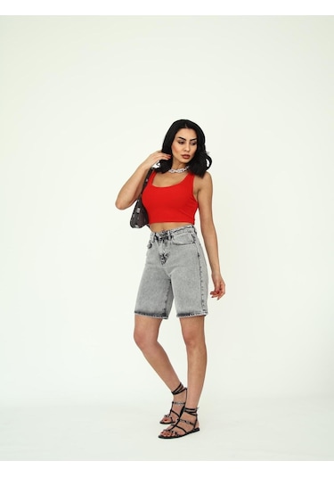 Boru Paça Denim Şort Gri