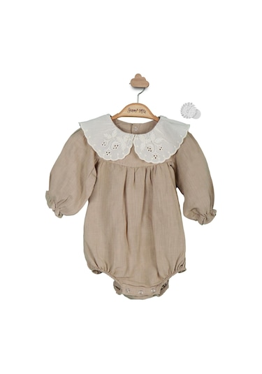 Fisto Yaka Keten Kız Bebek Romper Toka Takım 001
