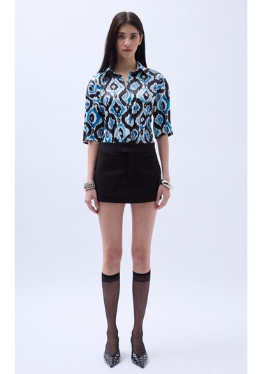 Desenli Saten Gömlek Mavi