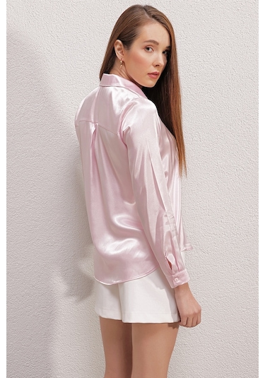 Bigdart 3964 Hafif Dökümlü Saten Gömlek - Pembe 001