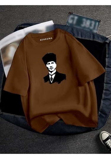 Atatürk Baskılı Oversize Unisex Tişört Kahverengi