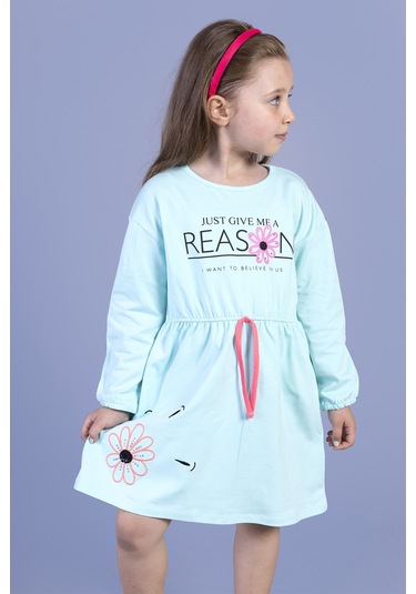 Toontoy Kız Çocuk Baskılı Elbise Su Yeşili