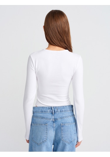 Dilvin 31442 Uzun Kollu Çıtçıt Düğmeli Top-beyaz Beyaz