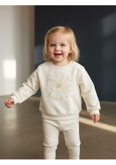 Zekids Kız Bebek Pamuklu Çiçek Detaylı Sweatshirt-16564 Krem