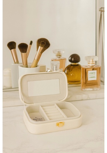Deri Mini Seyahat Takı Bijuteri Mücevher Kutusu Organizer Düzenleyici 15cm Krem İthal Ürün