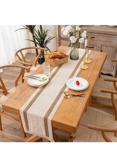 Fastbuy Pamuklu Ve Keten Dokuma, Renkli Çizgili Masa Örtüsü, 30x300cm, 2 Kenevir Çok Renkli