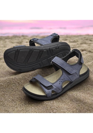 240105 Ortopedik Taban Erkek Sandalet Erkek Cırtlı Sandalet Lacivert