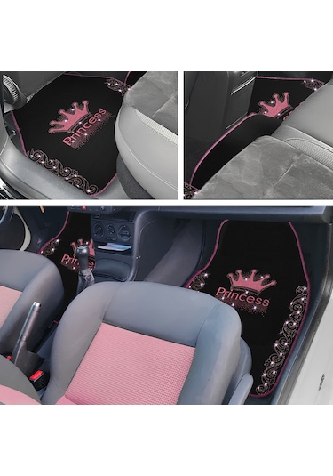 Işıltıya Hazır Ol, Bu Yol Senin Pembe Taşlı Prenses Taç Desenli 5 Li Nakışlı Oto Halı Paspas Seti