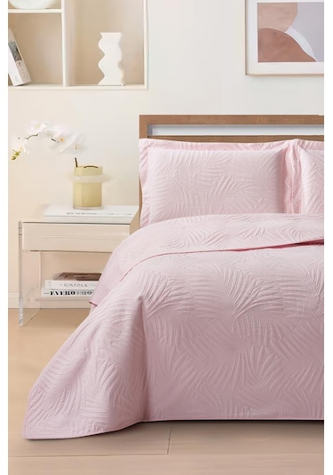Prag Elyaf Dolgulu Çift Kişilik 240x260 Cm Yatak Örtüsü Pudra Pudra