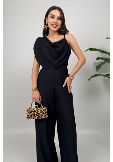 Élan Kadın Siyah Drapeli Detaylı Tulum Dokulu Kumaş Şıklığı Siyah