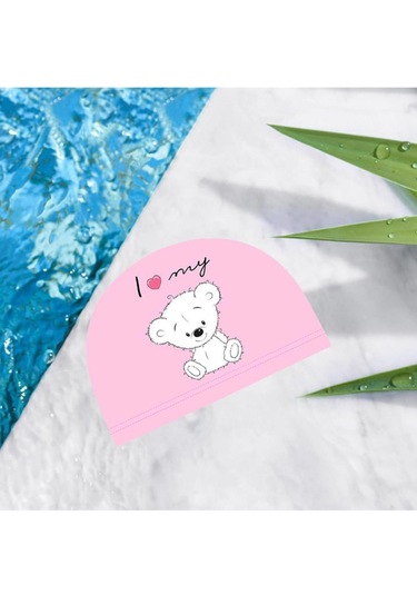 Çocuklar İçin Pembe Ayıcık Figürlü Deniz Havuz Bonesi, Likralı Be Pembe