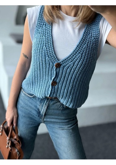 Modasize Triko Kolsuz Düğmeli Yelek - Mavi Mavi