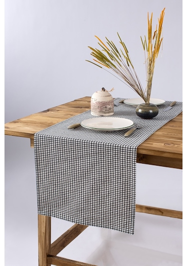 Wellstil Doku Keten Piti Kareli Runner Piknik Örtüsü 40 x 150 Siyah