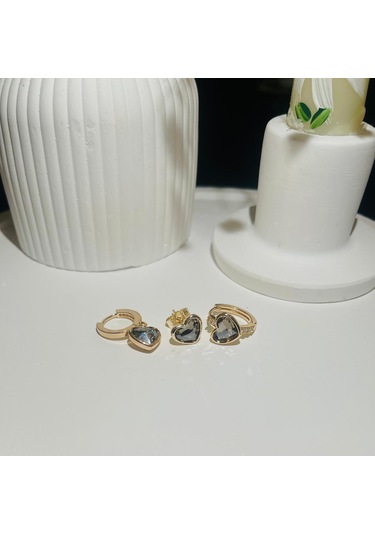 Zirkon Taşlı Kalp Detay Çelik Küpe Altın