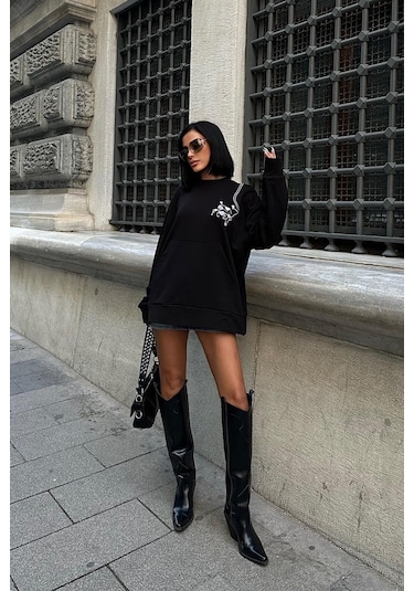 Kadın Siyah Dokuma Oversize Uzun Kollu Sweatshirt Siyah