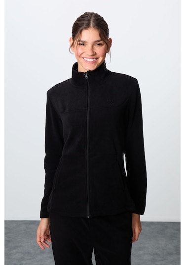 Tommy Life Siyah Kalın Yumuşak Dokulu Dik Yaka Oversize Nakışlı Polar Kadın Eşofman Takım -95339 Siyah